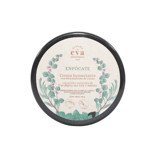 Crema humectante Enfócate con bioemulsión de cacao aceites esenciales de eucalipto, menta y tea tree x 165 ml El Jardín de Eva Pote x 1 La Crema Corporal Enfocáte - Respira está diseñada para brindar hidratación profunda, nutrición y bienestar sensorial en tu rutina diaria de autocuidado. Su fórmula con bioemulsión de cacao y aceites 
