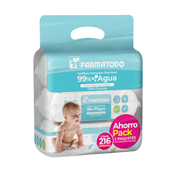Toallitas Húmedas   Farmatodo Bebé Premium 99% Agua Pack x 216 und  