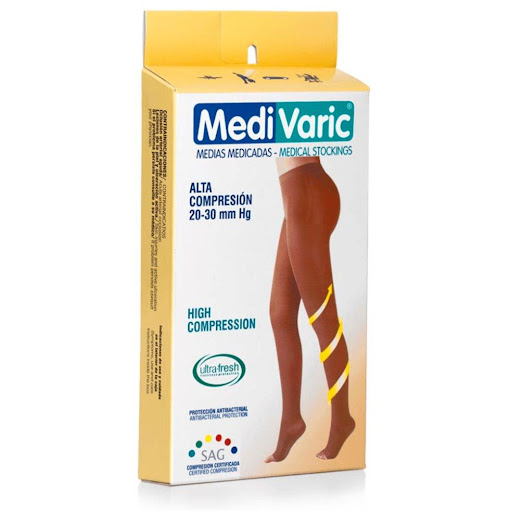 MEDIA CADERA 20/30 DL OPACA T L BEIGE MEDIVARIC 1 x 1 Media de compresión alta (2030?mmHg) de uso hasta la cadera, con diseño opaco y puntera abierta. Indicada para el tratamiento de várices, fatiga, hinchazón y molestias circulatorias. Su compresión gr