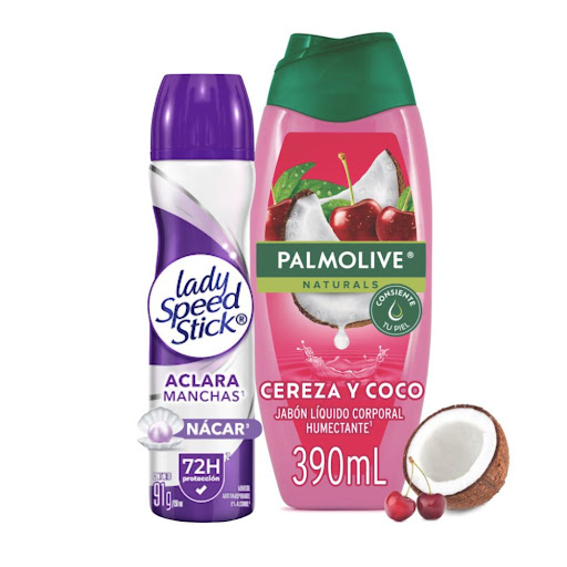 Combo Jabón Líquido Palmolive Cereza y Coco x 390 ml + Desodorante Lady Speed Stick Aerosol Derma Vitamina x 150 ml