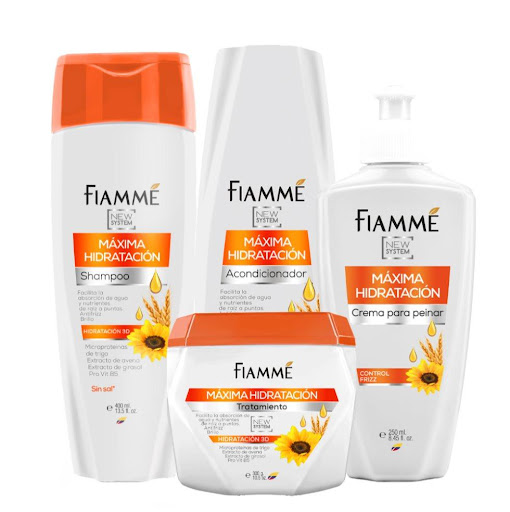  Kit capilar Fiamme máxima hidratación shampoo + acondicionador + tratamiento + crema 4 pasos Fiamme frascos x 4 