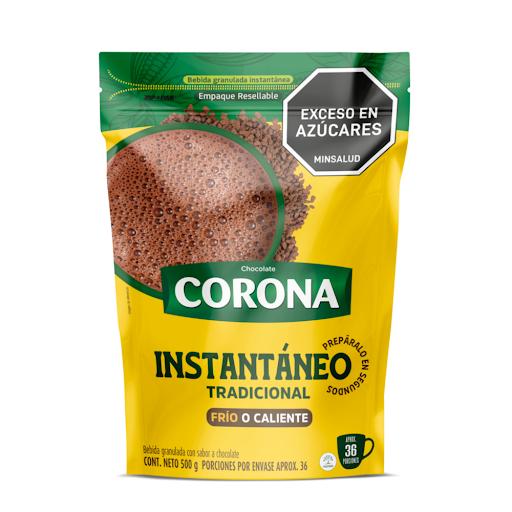 Chocolate Corona Instantaneo x 500 gr Corona Bolsa x 1 Disfruta de esta deliciosa bebida granulada instantánea, con el sabor tradicional del chocolate Corona. La manera más rápida de tomar chocolate frío o caliente y delicioso.