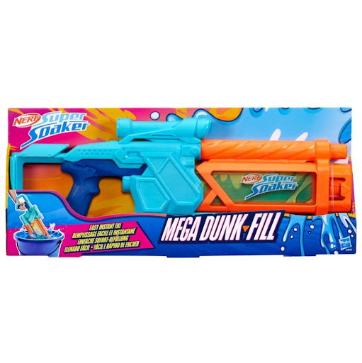 Lanzador De Agua Super Soaker Mega Dunk Fill Nerf  x 1 Cuenta con un tanque traslúcido de fácil llenado con capacidad para 1 litro. Su diseño innovador permite sumergir el tanque en agua para llenarlo instantáneamente. Incluye una mira para apuntar con pr
