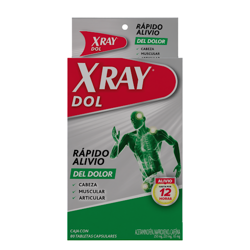 X Ray Dol Acetaminofen +   Naproxeno + Cafeína 250/220/65mg Caja x 80 Tabletas
