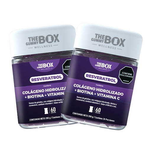 Colageno Hidrolizado + Biotina y Vitamina C en gomitas x2  THE GUMMY BOX TARRO X 60 GOMITAS x 2 Pack x2 Resveratrol - Tu rutina de belleza diaria, ahora en versión deliciosa y práctica.
Estas gomitas funcionales combinan resveratrol, colágeno hidrolizado, biotina y vitamina C, en una fórmula dis