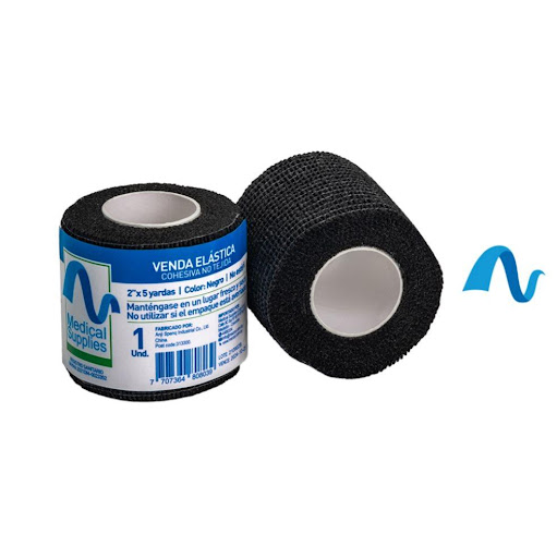 Venda Eastica Cohesiva de 2"x 4.5 Color Negro Pte x 2  Medical Supplies  Pte x 2  x 2 Venda elástica cohesiva de 2” x 4.5 m color negro, autoadherente y flexible. Brinda soporte y compresión sin necesidad de ganchos, no se adhiere a la piel y es ideal para uso médico, deportivo y veter