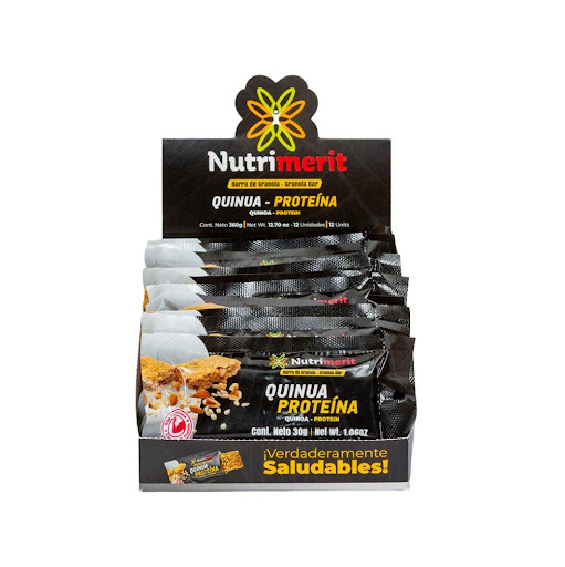 Barra de Granola Proteína Quinua  Nutrimerit Caja x 12 Caja por 12 unidades de Barras de Granola Proteína Quinua Nutrimerit por 360g. Ingredientes: maní, arroz integral, proteína de suero, almendras, semillas de girasol, quinua, mora, miel de caña, glucos