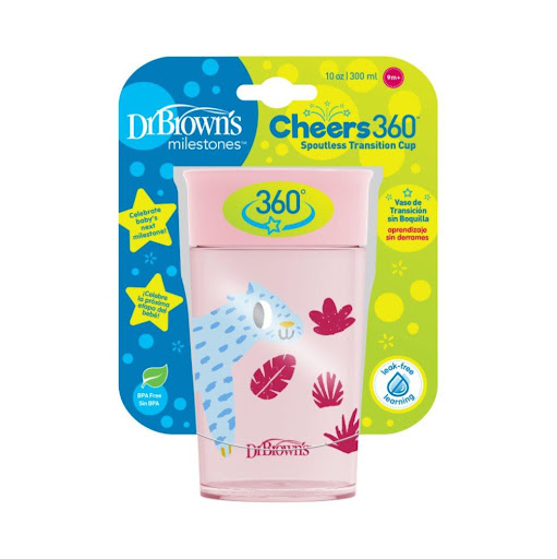 Vaso Cheers 10oz. Rosado Decorado Dr Brown's Unidad x 1 El vaso de transición Cheers 360° es un vaso que se adapta al desarrollo y las manitas del bebé, ayudándole a pasar del biberón a aprender a beber en vaso de una manera fácil y divertida, además su ve