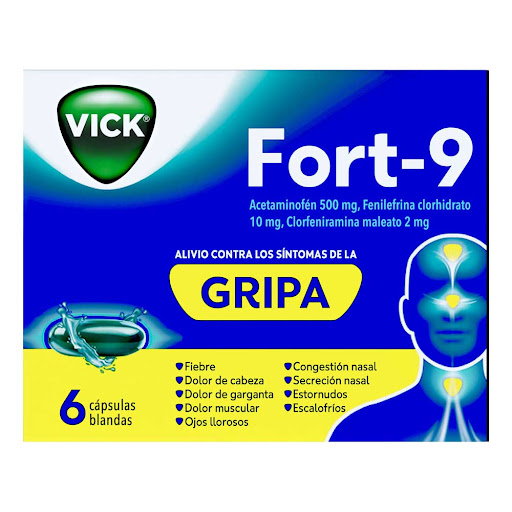 Vick fort 9 Acetaminofén + Fenilefrina Clorhidrato + Clorfeniramina 500mg/10mg/2mg Caja x 6 Cápsulas
