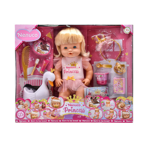 Nenuco Princess Muñeco Bebé con 11 Funciones y Accesorios 42 cm Nenuco Caja x 1 ĦNenuco es una Princesa mágica! Este encantador muñeco bebé de 42 cm, con cuerpo duro, tiene el pelito rubio y va vestido con un precioso body rosa con detalles de tul y dorados. Nenuco Princess inclu