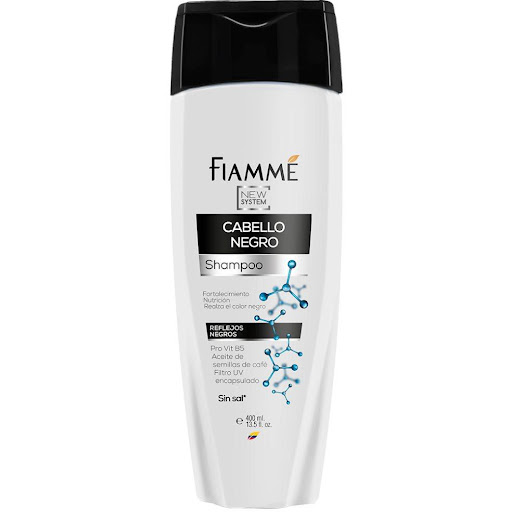 shampoo cabello negro x400ml Fiamme 400 x 1 Especializado para cabellos negros. Reúne los ingredientes inteligentes que actúan sobre la fibra capilar para fortalecer y protegerla de la fotodegradación del color negro, acentuando el brillo y el 
