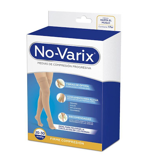 Media al muslo No-Varix 20-30 mmHg opaca puntera abierta banda siliconada de puntos beige XL No- Varix  x 1 Estas medias son ideales para combinar con prendas ejecutivas y formales, son estéticas y elegantes, con apariencia velada y transparente. Las medias de mediana compresión 15-20 mmHg No-Varix son reco