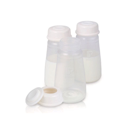 Set x 3 Teteros de Almacenamiento PP 5 Oz Boca Estándar Pigeon Caja x 3 El Set  de teteros de Almacenamiento boca Estándar facilita el proceso de extracción y almacenamiento, su disco sellador mantiene la leche fresca mientras se almacena en el refrigerador. Fabricado en 