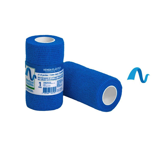 Venda Elastica Cohesiva de 4"x4x5 Mts Color Azul Pte 2  Medical Supplies  Pte x 2 x 2 Venda elástica cohesiva de 4” x 4.5 m color azul, autoadherente y flexible. Brinda soporte y compresión sin necesidad de ganchos, no se adhiere a la piel y es ideal para uso médico, deportivo y veteri