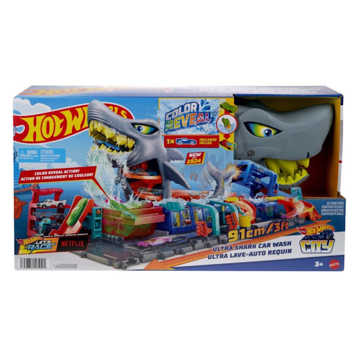 Hot Wheels City Pista Lavado De Autos Mega Tiburón Hot Wheels  x 1 Combina el desafío de un autolavado con la acción de enfrentarse a un tiburón gigante. Incluye rampas, zonas de lavado y una función que activa el ataque del tiburón.