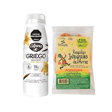 Combo Yogurt Alpina Griego Bebible Vainilla x 240 gr+Rosquillas Integrales de Arroz Garbanzo Chía Naturela x 40Gr  