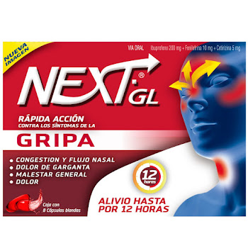 Next GL Gripa Ibuprofeno + Fenilefrina + Cetirizina 200/10/5mg Genomma Caja x 8 Cápsulas  