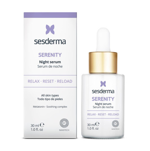 Serum de Noche Sesderma Serenity 30Ml Sesderma Envase vidrio con gotero x 1 Serum facial de noche con efecto relajante, que nos ayuda a combatir el daño producido durante el día sobre nuestra piel.

Acelera la reparación de los daños acumulados durante el día.

Ayuda a que la