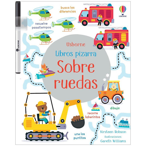 Sobre Ruedas. Libro Pizarra Usborne Libro x 1.0 Sobre Ruedas -Libro Pizarra-   Un libro pizarra con actividades inspiradas en diferentes medios de transportes como laberintos, unir con puntos, encontrar las diferencias o trazar los números con el r