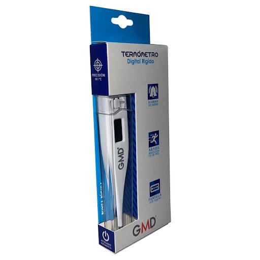 TERMOMETRO DIGITAL RIGIDO GMD IMPORMEDICAL  x 1 Este termómetro digital brinda lecturas rápidas y precisas. Cuenta con punta rígida y pantalla LCD, lo que facilita la visualización de los resultados. Su uso es bucal o axilar, y tiene funciones como