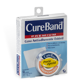 Gasa Cure Band Estéril Premium Caja x 18 und + Cinta Microporo x 1 und  