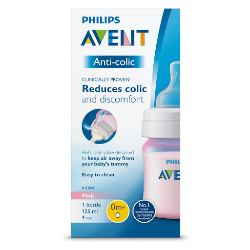 Phillips Avent Tetero Válvula Anticólicos Rosa 4Oz SCY121/07 Avent Caja x 1 Biberón anticólicos Philips Avent rosa 4 oz con tetina suave, fácil de usar y limpiar, diseñado para reducir los cólicos y facilitar la alimentación del bebé.