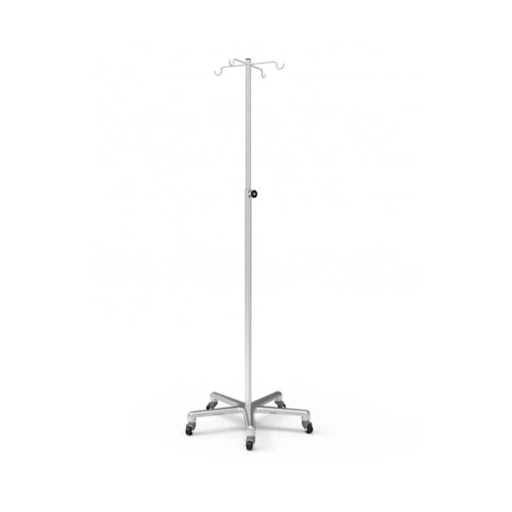 ATRIL RODACHINES EN ACERO INOX 4 GANCHOS CM INDUMEDICAS  x 1 Atril porta suero con rodachines, fabricado en acero inoxidable, ideal para entornos hospitalarios. Cuenta con cuatro ganchos superiores para colgar bolsas de suero o equipos médicos, y base con rueda