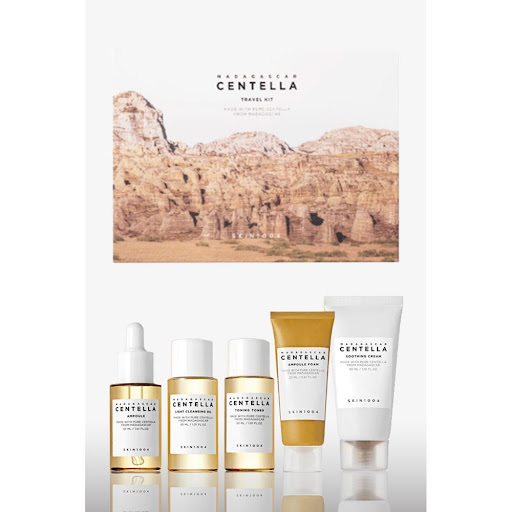 Madagascar Centella Travel Kit SKIN1004 Kit de 5 productos en tamaño de viaje: Centella Light Cleansing Oil 30ml, Centella Ampoule Foam 20ml, Centella Toning Toner 30ml, Centella Ampoule 30ml, Centella Soothing Cream 30ml x 1 