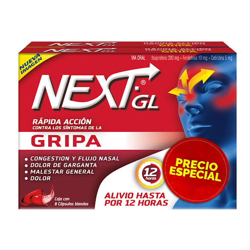 Next GL Gripa Ibuprofeno + Fenilefrina + Cetirizina 200mg/10mg/5mg Caja x 8 Cápsulas