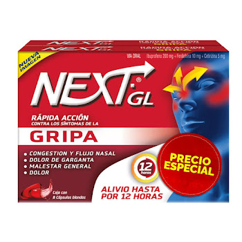 Next GL Gripa Ibuprofeno + Fenilefrina + Cetirizina 200mg/10mg/5mg Caja x 8 Cápsulas  