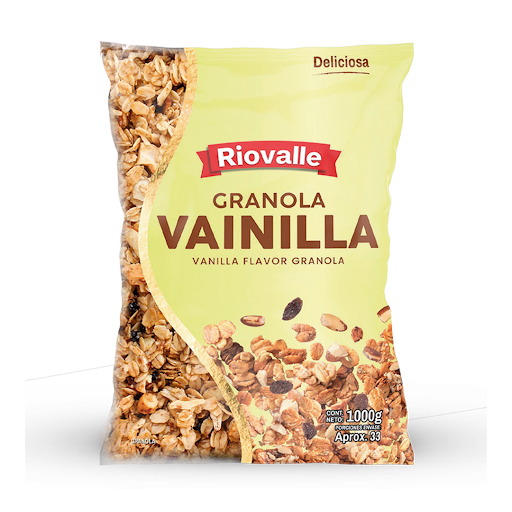 Granola De Vainilla Tradicional Riovalle Megamarket Bolsas Doypack x 1 Granola de Vainilla Tradicional RIOVALLE X 1000 Gr, mezcla crocante con delicioso sabor a vainilla. Ideal para desayunos y snacks, aporta energía y textura en cada porción. Perfecta con leche, yogur o