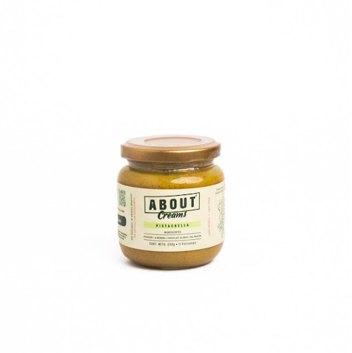 Crema Pistachella  ABOUT  Envase de vidrio x 1 und Pistachella: crema untable dulce de pistacho sin azúcar. Elaborada con pistacho, almendra y chocolate blanco sin azúcar. Natural, sin azúcares añadidos, sin conservantes ni grasas añadidas. Cremosa y 
