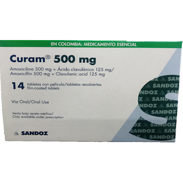 Curam Amoxicilina + Ácido Clavulánico 500mg/125mg Sandoz Caja x 14 Tabletas  
