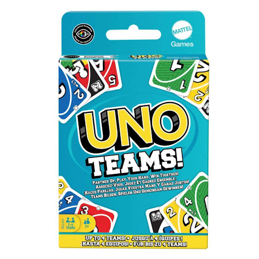 Juego De Cartas Uno Teams UNO  x 1 Una nueva forma de disfrutar del clásico UNO donde la estrategia y la colaboración en equipo son fundamentales. Los jugadores se emparejan en equipos de dos para competir y trabajar juntos en el objet