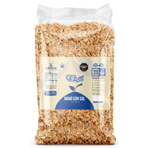 Maní con Sal Gran Campo Bolsa 1000gr Gran Campo Bolsa x 1000 gr Nuestro maní con sal es un aperitivo irresistible, elaborado con los mejores granos y sazonados con una pizca de sal. Su textura crujiente y su sabor salado lo convierten en el acompañante ideal para 