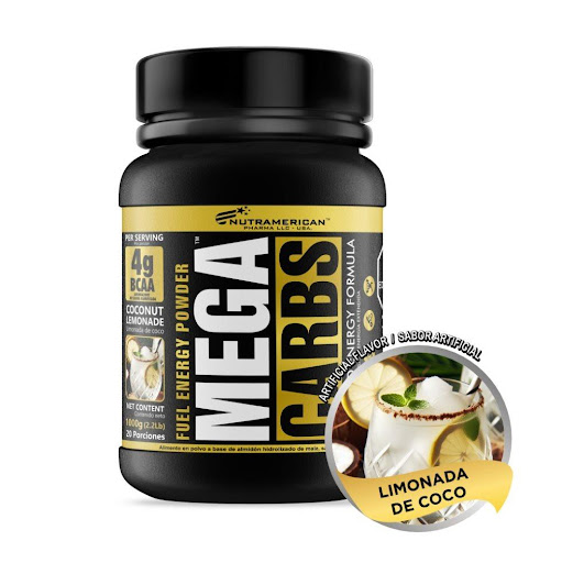 Mega Carbs Limonada de Coco 1.6 LB Hidratante y recuperador NUTRAMERICANPHARMA Tarro x 2.2 lb (1.000g) Mega Carbs, es un complemento altamente rico en carbohidratos que proporcionan la energía necesaria para personas con alto gasto calórico, en actividades como ciclismo, natación, atletismo entre otros