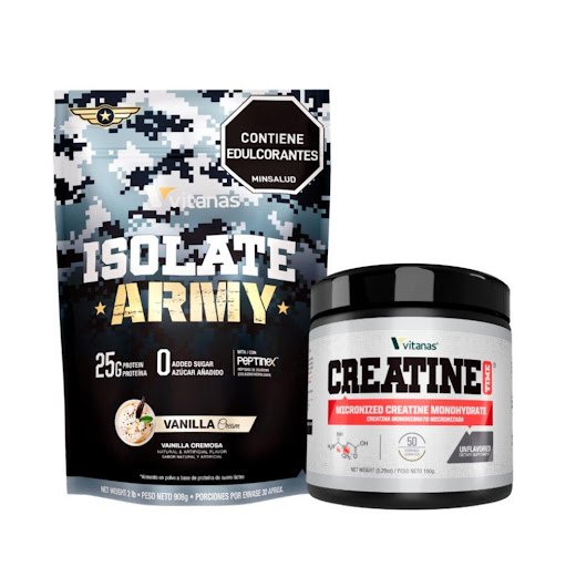 COMBO ISOLATE ARMY X 2 LIBRAS VAINILLA CREMOSA+ CREATINE TIME X 50 SERVICIOS VITANAS BOLSA, TARRO x 2 LIBRAS (908 GRAMOS) Y 150 GRAMOS El combo perfecto para tu entrenamiento 

Proteína aislada + creatina: una dupla práctica para complementar tu rutina diaria. Ideal para consumir después de entrenar o como snack en cualquier momento 