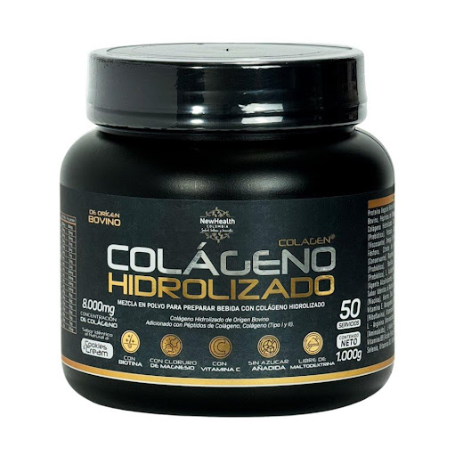 Colágeno Hidrolizado Cookies NewHealth 1.000gr Newhealth Tarro x 1000gr x 1 und Colágeno hidrolizado sabor Cookies and cream previene la caida del cabello, problemas digestivos y deterioro de uñas. Concentración de 8.000mg de Colágeno por porción, es de Origen Bovino, adicionado 