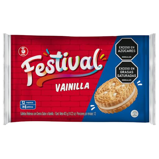 Galletas Festival Sabor Vainilla x 12 unidades x 4 galletas Festival Bolsa x 12 Las galletas Festival, son galletas dulces tipo sándwich reconocidas por su textura crujiente y delicioso relleno cremoso sabor a Vainilla,ideales para compartir o comer en cualquier momento del dia.