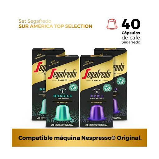 Set 40 Cápsulas de Café Sur América Segafredo - Compatible máquina Nespresso® Original SEGAFREDO ZANETTI Display Empaque Individual x 40 CÁPSULAS DE CAFÉ Segafredo presenta una deliciosa y exclusiva selección de café provenientes de Sur América. 

Cápsulas de café Segafredo Edición Perú: LA mejor selección de granos de Perú caracterizado por su microcl