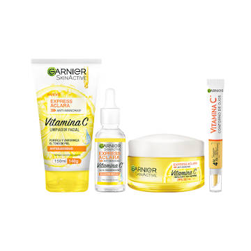Combo Limpiador Facial Garnier SkinActive en Gel Express Aclara x 150Ml+Crema Facial Garnier SkinActive Express Aclara FPS30 x 50Ml+Crema Anti Ojeras Garnier x 15 ml+Serum Antimanchas Garnier SkinActive Express Aclara x 30ml  