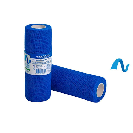 Venda elastica cohesiva de 6"x4.5mts color azul Medical Supplies  1 x 1 Venda cohesiva Medical Supplies, elástica y autoadherente, que se fija sobre sí misma sin necesidad de adhesivos. Brinda compresión y soporte seguro, no se adhiere a la piel ni al vello. Ideal para fi