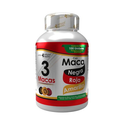 Maca Negra Roja, Amarilla X100 Tabletas NATURAL HEALTH PASTILLERO x 1 Suplemento natural que combina tres tipos de maca para potenciar la energía, mejorar el rendimiento físico y mental y apoyar la vitalidad diaria. Ideal para quienes buscan mayor resistencia, fuerza y 