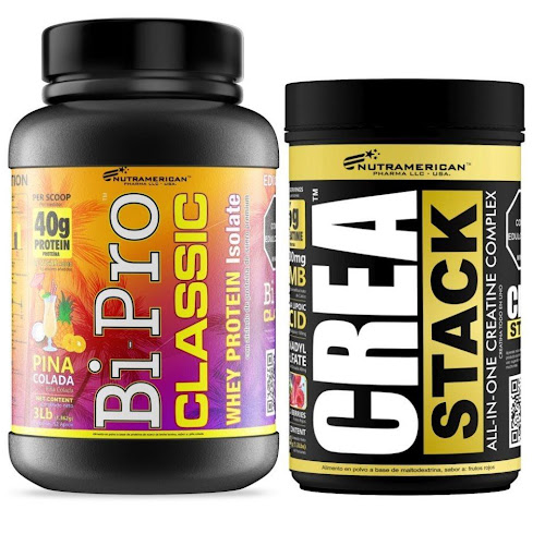 Combo Proteina Bipro Classic Piña Colada 3 lb + Creatina Crea Stack 1.3 LB NUTRAMERICANPHARMA Tarro x 3 Lb (1362g) y 1.3 Lb (600g) Combo para para máxima fuerza y ​​volumen muscular, se compone de 1 Bipro Classic 2 lb, es una proteína de suero de alta pureza y concentración, con mínimos niveles de grasa y lactosa. 1 Crea Stack, e