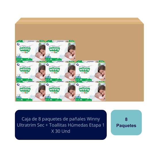 Pañales Ultratrim Sec + Toallitas Húmedas Etapa 1 X 30 Und Winny  Caja x 8 El combo perfecto para los primeros meses del bebé. Asegura higiene y protección total contra filtraciones en un solo pack.