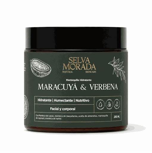 Mantequilla hidratante Maracuyá Verbena SELVA MORADA 210 GR x 210GR Nutre e hidrata profundamente tu piel con mantecas de cacao, karité y copoazú. Su textura cremosa deja la piel suave, luminosa y delicadamente perfumada durante todo el día.