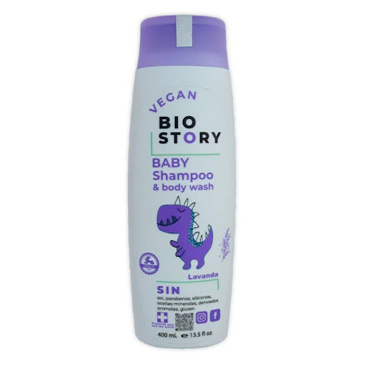 Shampoo Vegan Lavanda  Bio Story 400 x ml Bio Story es un Shampoo & body wash que limpia directamente el cabello y el cuerpo y hace de la hora del baño un momento de confort y placer. Su suave fórmula con lavanda, Aloe Vera y Caléndula orgáni