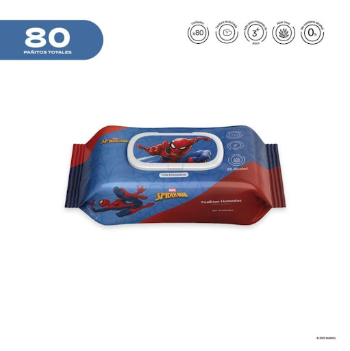 Pañitos Húmedos Marvel Cosmos Spider-Man CMS COSMOS Flow-Packs x 80 unidades Cada pañito húmedo ofrece una textura resistente pero a la vez delicada, brindando una suavidad similar a la de un cojín. Su fórmula no contiene alcohol y está elaborada a base de agua y extractos de 