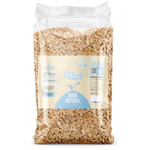 Maní Natural Gran Campo Bolsa 1000gr Gran Campo Bolsa x 1000 gr Producto 100% Natural Nuestro Maní Sin Sal es un snack saludable y delicioso, elaborado con maní seleccionado de la más alta calidad. Tostado a la perfección, conserva todo su sabor natural y crujient