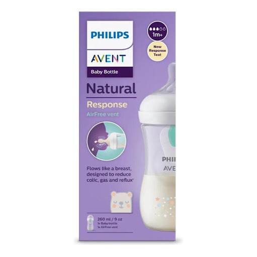 Phillips Avent Tetero Natural 3.0 Airfree 9Oz SCY673/82 Avent Caja x 1 Tetero Natural Response 9 oz con válvula mágica que regula el flujo según la succión del bebé. Diseño que imita el pecho materno para una alimentación natural y sin cólicos.